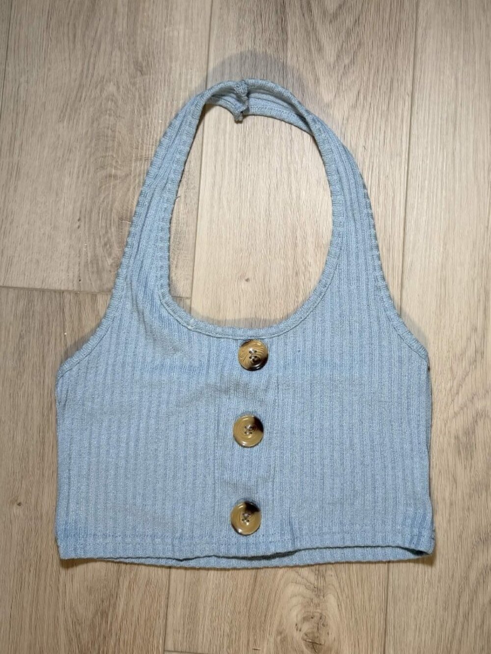 Romwe Womens Three Buttons Front Ribbed Halter Crop Tank Top Baby Blue Size S